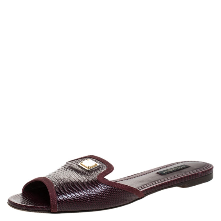 Pre Owned Dolce and Gabbana Burgundy Lizard Embossed Leather Sofia Slides Size 38