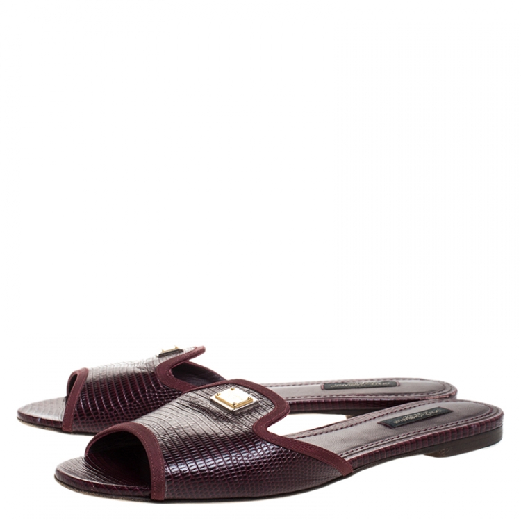Pre Owned Dolce and Gabbana Burgundy Lizard Embossed Leather Sofia Slides Size 38
