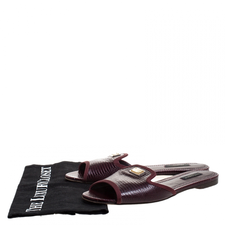 Pre Owned Dolce and Gabbana Burgundy Lizard Embossed Leather Sofia Slides Size 38