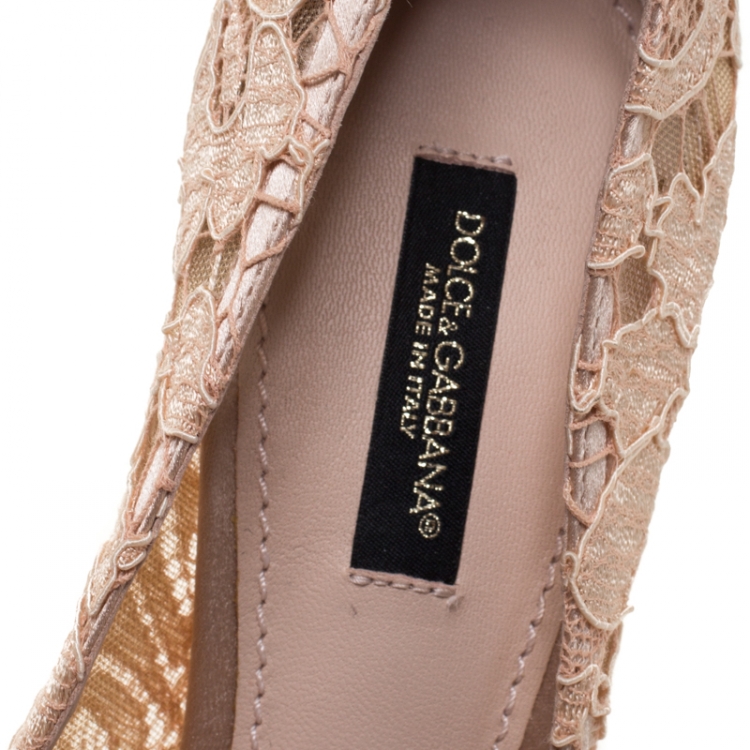 Pre Owned Dolce and Gabbana Beige Crystal Embellished Lace Bellucci Pointed Toe Pumps Size 36
