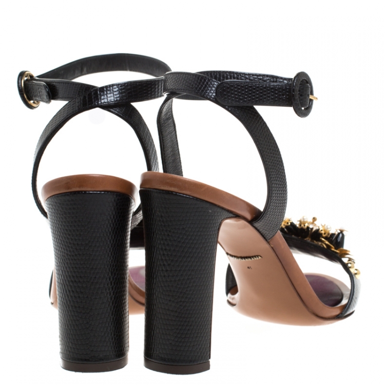 Pre Owned  Dolce & Gabbana Black Lizard Embossed Leather Bejeweled Floral Pearls Ankle Strap Sandals Size 41