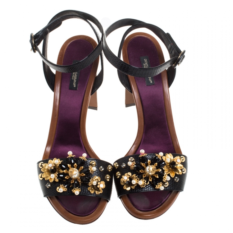 Pre Owned  Dolce & Gabbana Black Lizard Embossed Leather Bejeweled Floral Pearls Ankle Strap Sandals Size 41