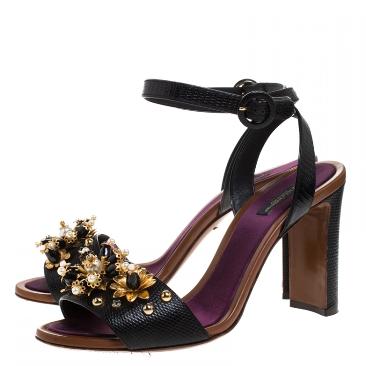 Pre Owned  Dolce & Gabbana Black Lizard Embossed Leather Bejeweled Floral Pearls Ankle Strap Sandals Size 41
