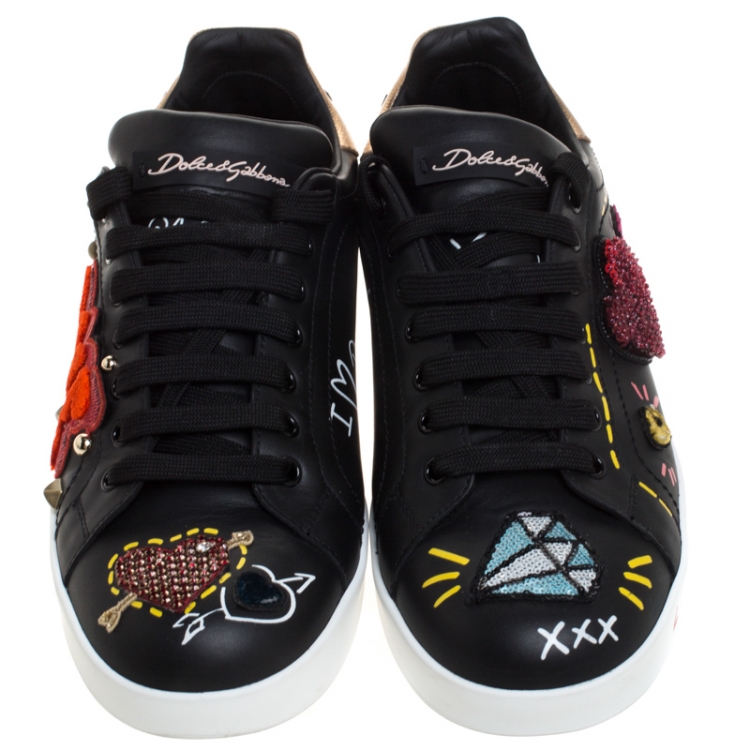 Pre Owned Dolce and Gabbana Black Leather Portofino Embellished Low Top Sneakers Size 40