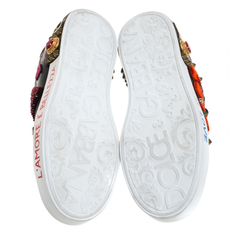 Pre Owned Dolce and Gabbana Black Leather Portofino Embellished Low Top Sneakers Size 40