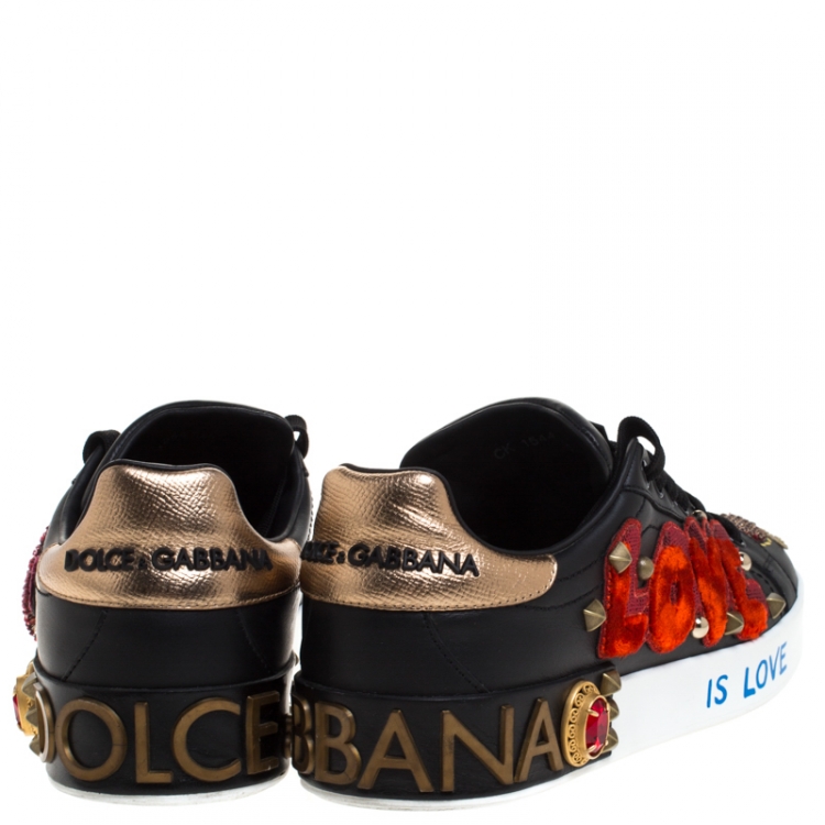 Pre Owned Dolce and Gabbana Black Leather Portofino Embellished Low Top Sneakers Size 40
