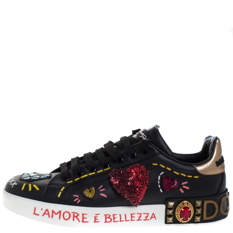 Pre Owned Dolce and Gabbana Black Leather Portofino Embellished Low Top Sneakers Size 40