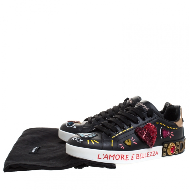 Pre Owned Dolce and Gabbana Black Leather Portofino Embellished Low Top Sneakers Size 40