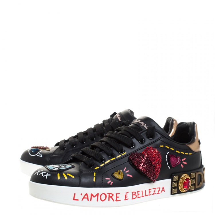 Pre Owned Dolce and Gabbana Black Leather Portofino Embellished Low Top Sneakers Size 40