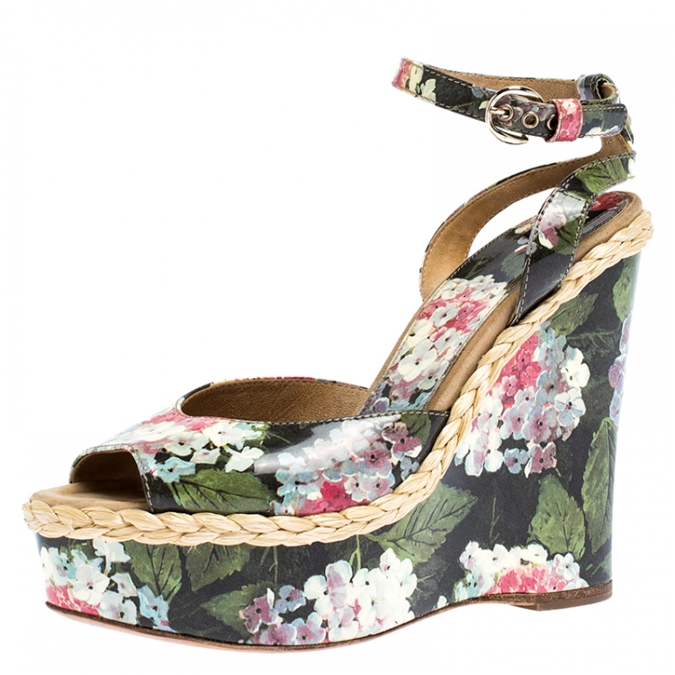 Pre Owned Dolce & Gabbana Multicolor Floral Patent Leather Wedge Platform Ankle Strap Sandals Size 39