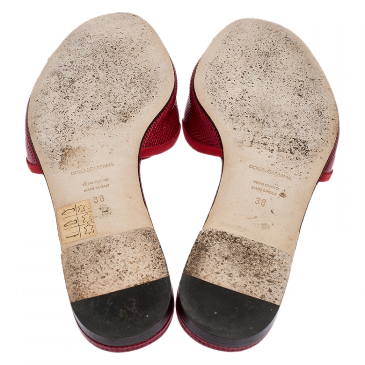Pre Owned Dolce & Gabbana Red Lizard Embossed Leather Sofia Flat Slides Size 38