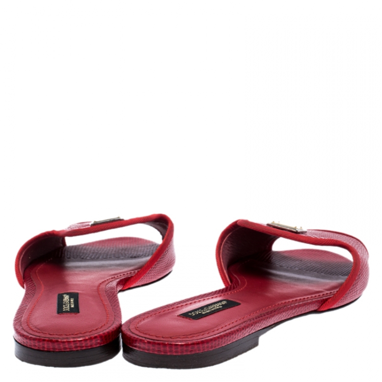 Pre Owned Dolce & Gabbana Red Lizard Embossed Leather Sofia Flat Slides Size 38
