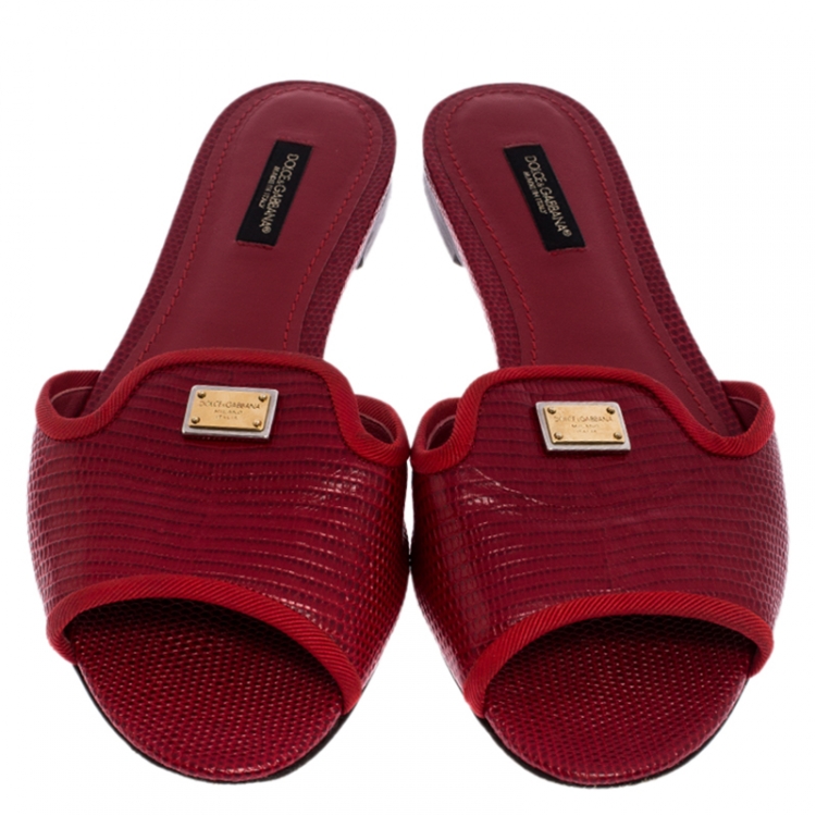 Pre Owned Dolce & Gabbana Red Lizard Embossed Leather Sofia Flat Slides Size 38