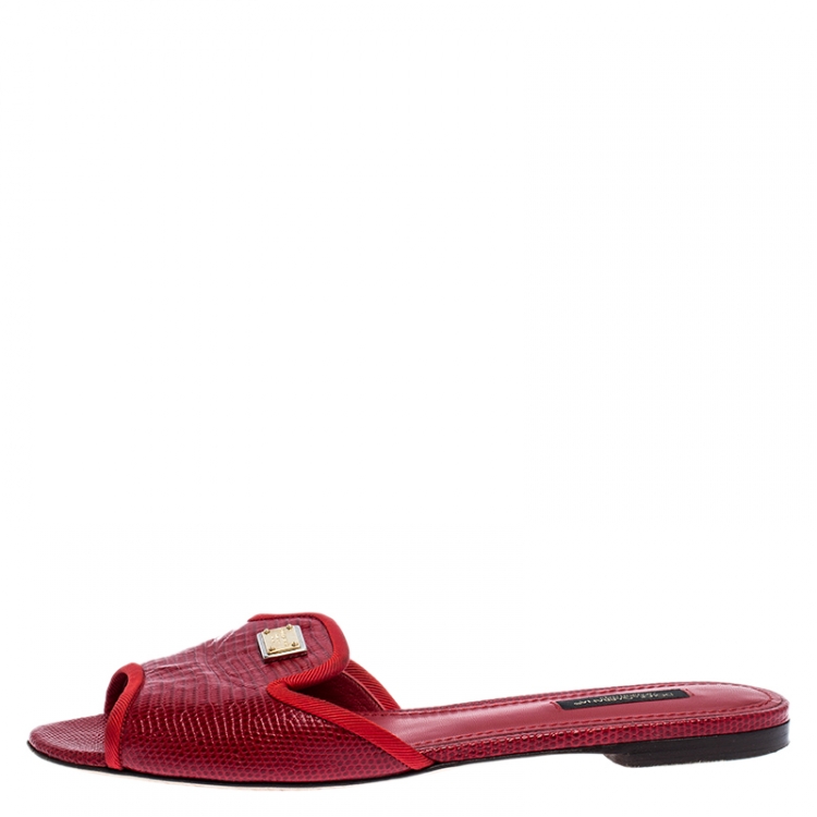 Pre Owned Dolce & Gabbana Red Lizard Embossed Leather Sofia Flat Slides Size 38