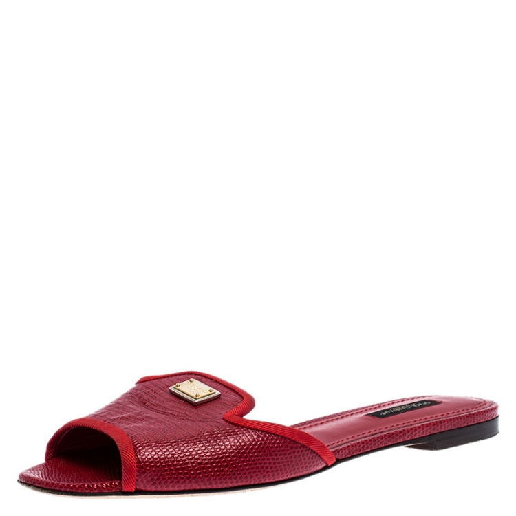 Pre Owned Dolce & Gabbana Red Lizard Embossed Leather Sofia Flat Slides Size 38