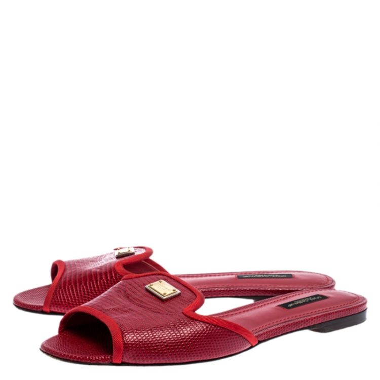 Pre Owned Dolce & Gabbana Red Lizard Embossed Leather Sofia Flat Slides Size 38