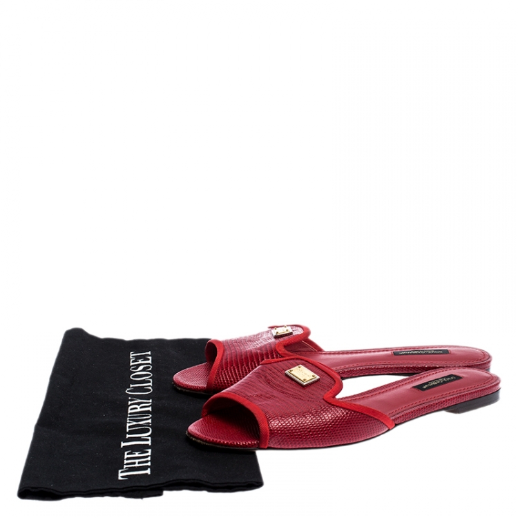 Pre Owned Dolce & Gabbana Red Lizard Embossed Leather Sofia Flat Slides Size 38