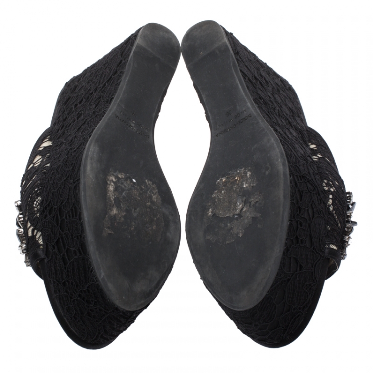 Pre Owned Dolce and Gabbana Black Lace Crystal Embellished Wedge Slides Size 36