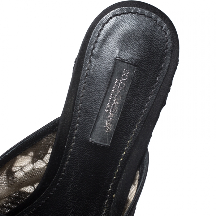Pre Owned Dolce and Gabbana Black Lace Crystal Embellished Wedge Slides Size 36