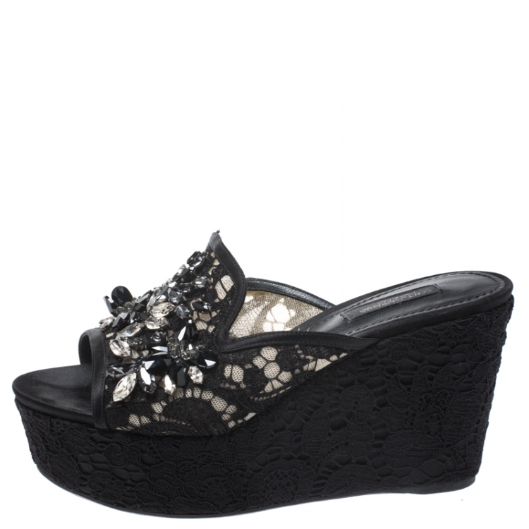 Pre Owned Dolce and Gabbana Black Lace Crystal Embellished Wedge Slides Size 36