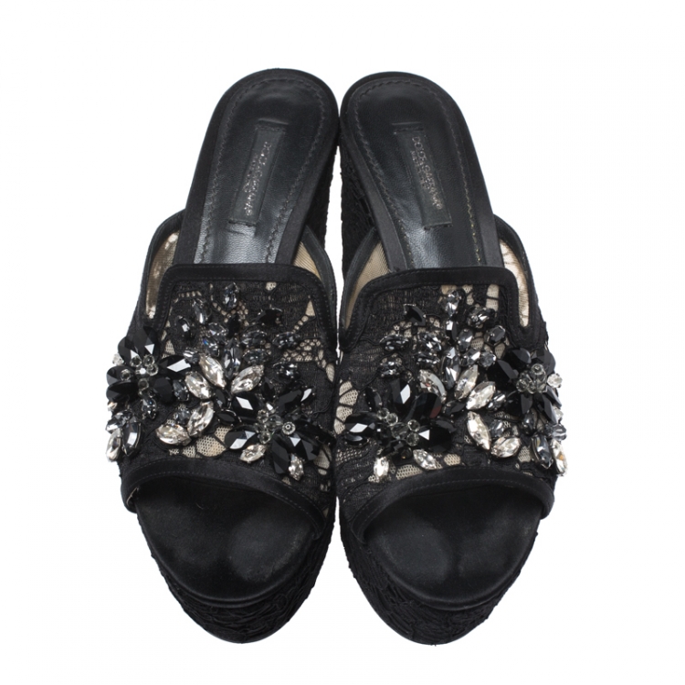 Pre Owned Dolce and Gabbana Black Lace Crystal Embellished Wedge Slides Size 36