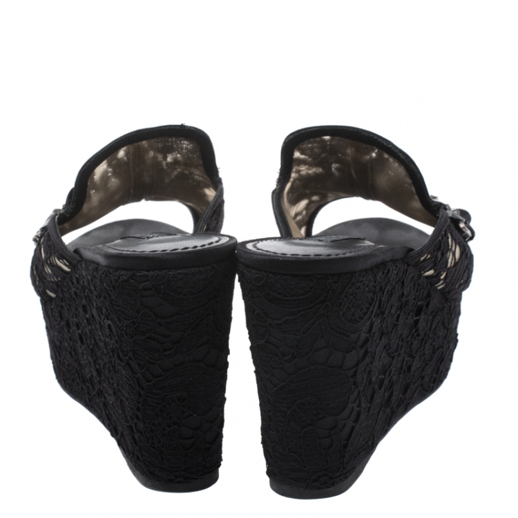 Pre Owned Dolce and Gabbana Black Lace Crystal Embellished Wedge Slides Size 36