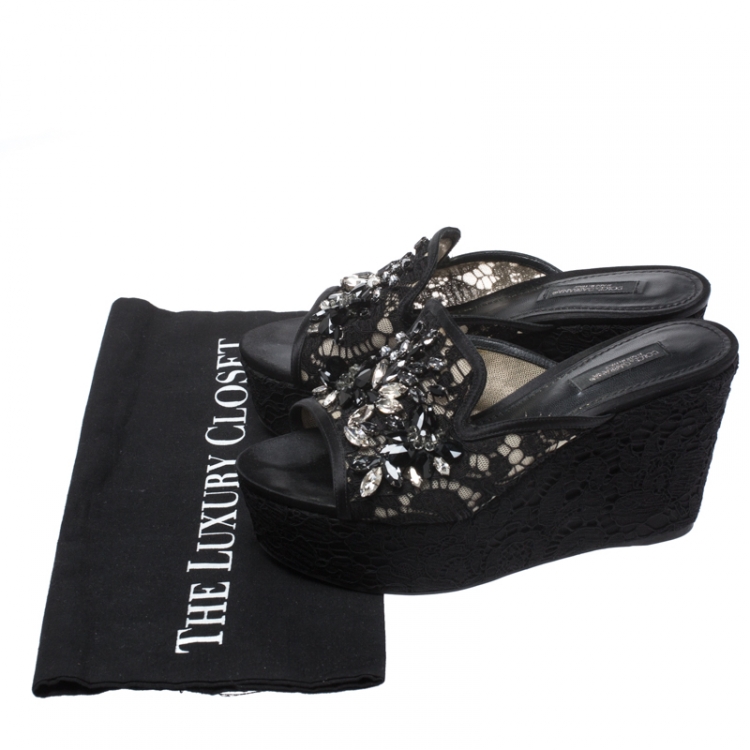 Pre Owned Dolce and Gabbana Black Lace Crystal Embellished Wedge Slides Size 36