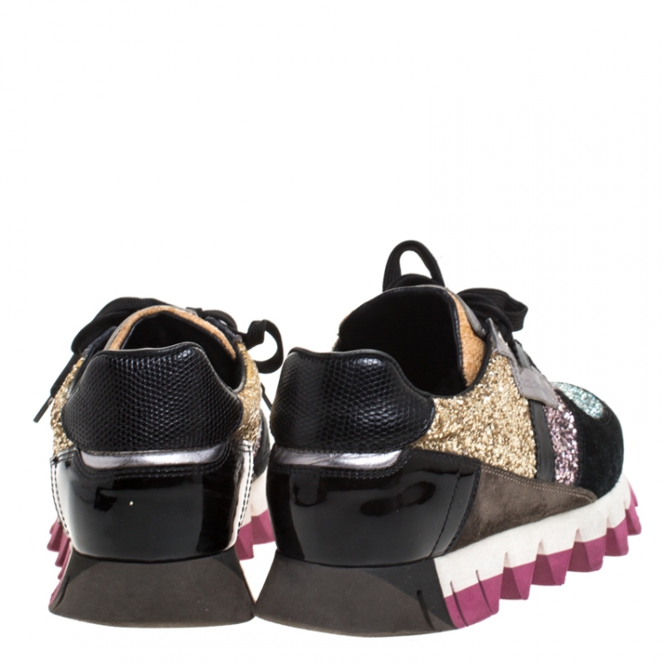 Pre Owned Dolce and Gabbana Multicolor Suede, Glitter Fabric And Leather Mix and Match Sneakers Size 38.5