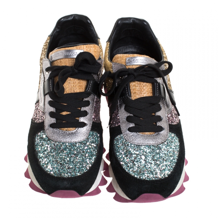 Pre Owned Dolce and Gabbana Multicolor Suede, Glitter Fabric And Leather Mix and Match Sneakers Size 38.5