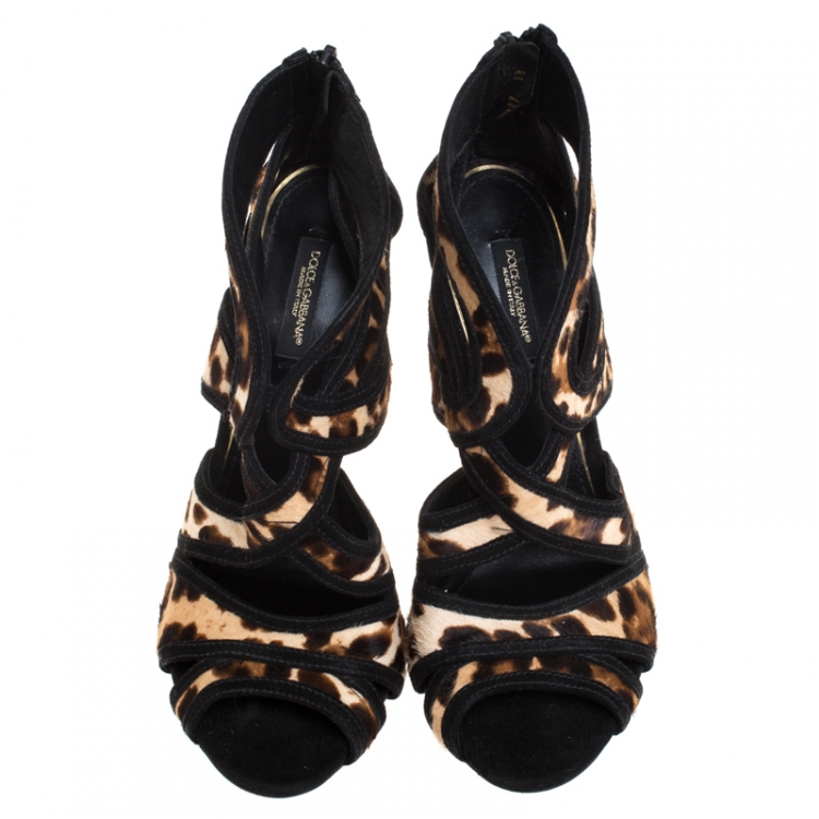 Pre Owned Dolce & Gabbana Leopard Print Pony Hair And Suede Leather Trim Cut Out Strappy Sandals Size 38