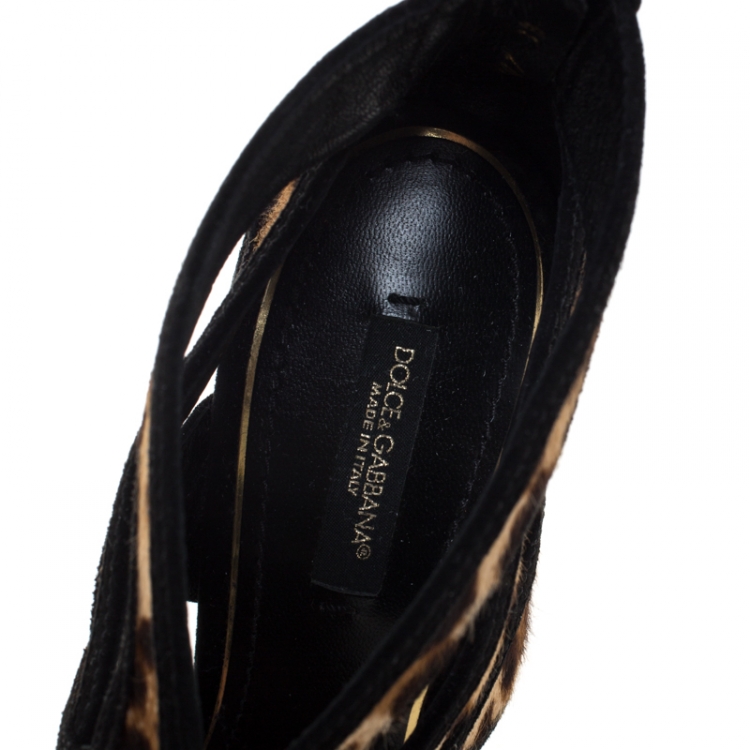 Pre Owned Dolce & Gabbana Leopard Print Pony Hair And Suede Leather Trim Cut Out Strappy Sandals Size 38