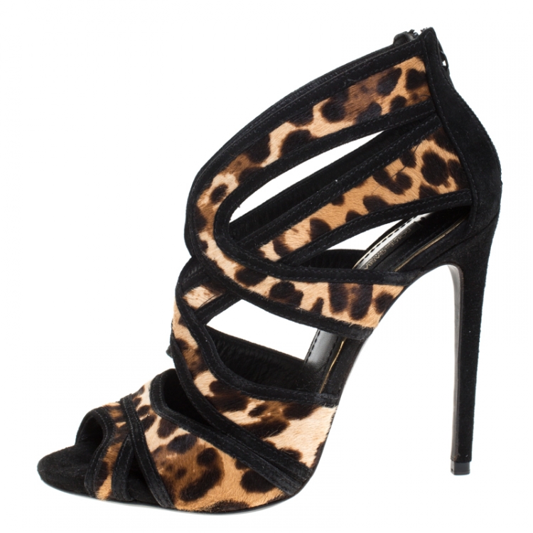 Pre Owned Dolce & Gabbana Leopard Print Pony Hair And Suede Leather Trim Cut Out Strappy Sandals Size 38