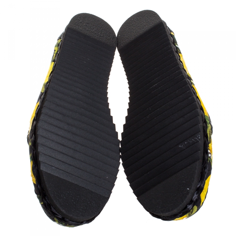 Pre Owned Dolce and Gabbana Yellow/Black Lemon Print Fabric and Leather Crystal Embellished  Loafers Size 40.5