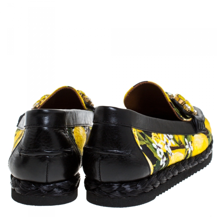 Pre Owned Dolce and Gabbana Yellow/Black Lemon Print Fabric and Leather Crystal Embellished  Loafers Size 40.5