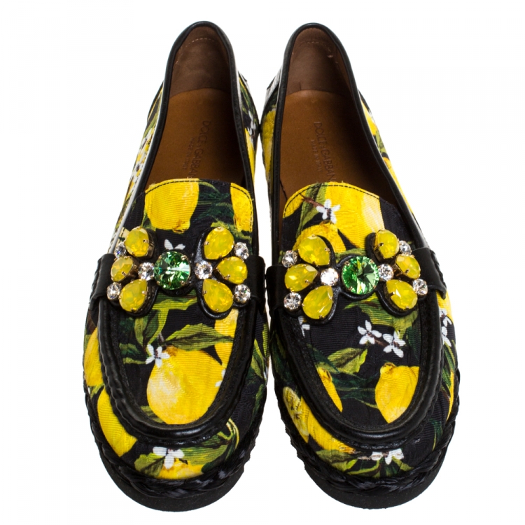 Pre Owned Dolce and Gabbana Yellow/Black Lemon Print Fabric and Leather Crystal Embellished  Loafers Size 40.5