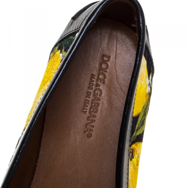 Pre Owned Dolce and Gabbana Yellow/Black Lemon Print Fabric and Leather Crystal Embellished  Loafers Size 40.5