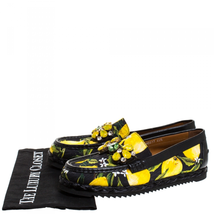 Pre Owned Dolce and Gabbana Yellow/Black Lemon Print Fabric and Leather Crystal Embellished  Loafers Size 40.5