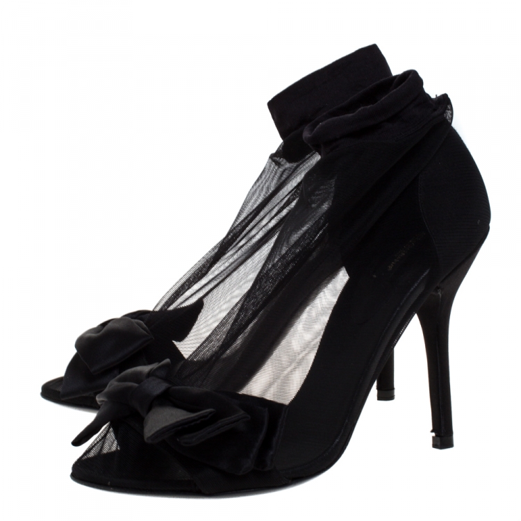 Pre Owned Dolce & Gabbana Black Stretch Tulle Bow Sock Boots Size 37