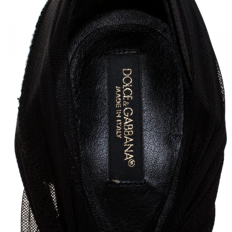 Pre Owned Dolce & Gabbana Black Stretch Tulle Bow Sock Boots Size 37