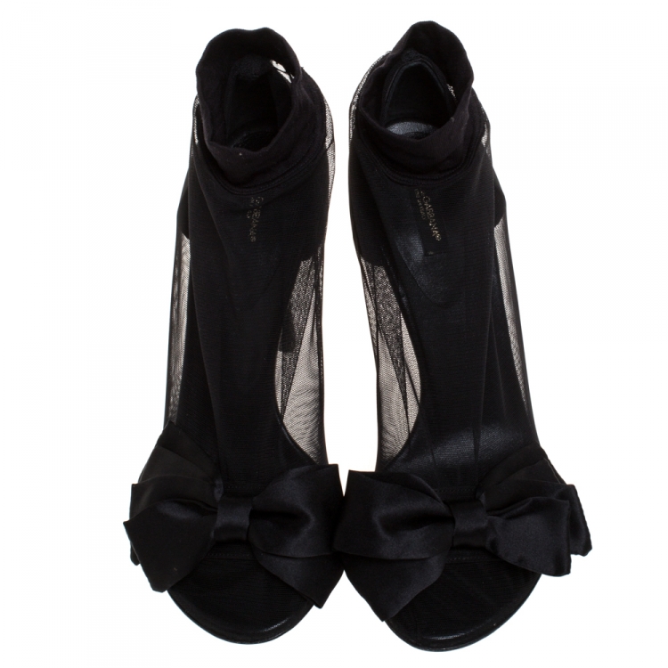 Pre Owned Dolce & Gabbana Black Stretch Tulle Bow Sock Boots Size 37