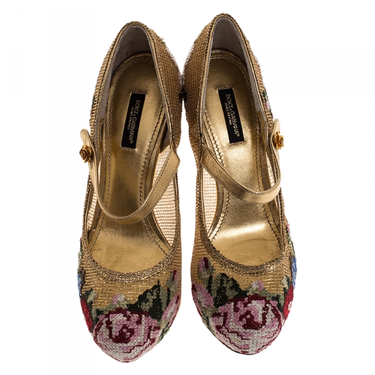 Pre Owned Dolce & Gabbana Gold Leather And Mesh Cross-stitched Rose Mary Jane Pumps Size 37