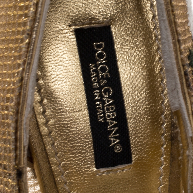 Pre Owned Dolce & Gabbana Gold Leather And Mesh Cross-stitched Rose Mary Jane Pumps Size 37