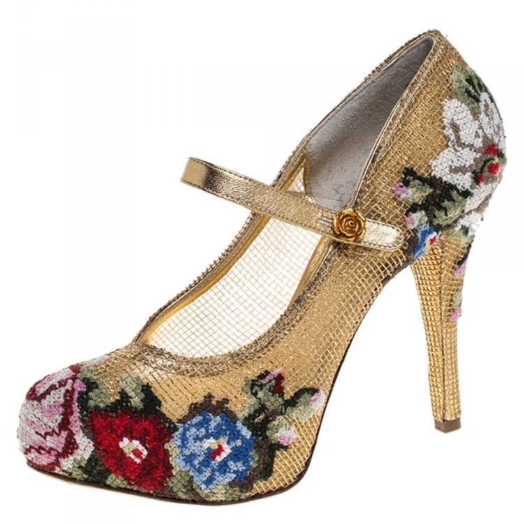 Pre Owned Dolce & Gabbana Gold Leather And Mesh Cross-stitched Rose Mary Jane Pumps Size 37