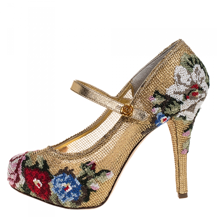Pre Owned Dolce & Gabbana Gold Leather And Mesh Cross-stitched Rose Mary Jane Pumps Size 37
