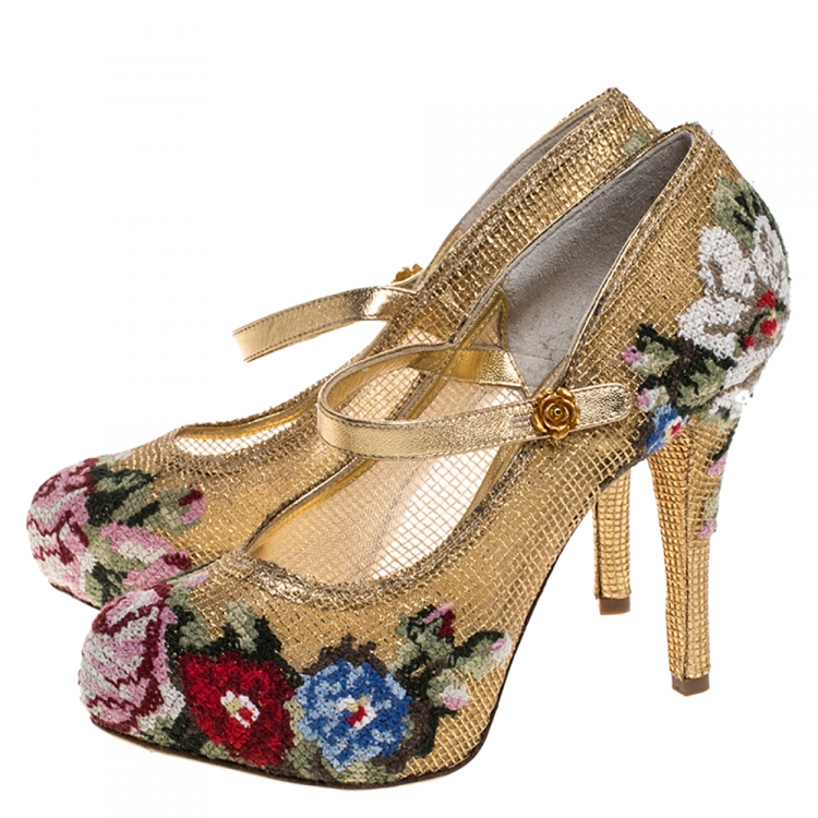 Pre Owned Dolce & Gabbana Gold Leather And Mesh Cross-stitched Rose Mary Jane Pumps Size 37