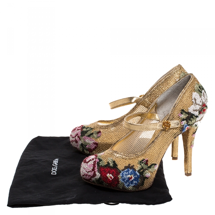 Pre Owned Dolce & Gabbana Gold Leather And Mesh Cross-stitched Rose Mary Jane Pumps Size 37