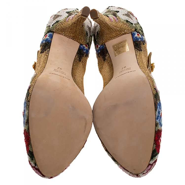 Pre Owned Dolce & Gabbana Gold Leather And Mesh Cross-stitched Rose Mary Jane Pumps Size 37