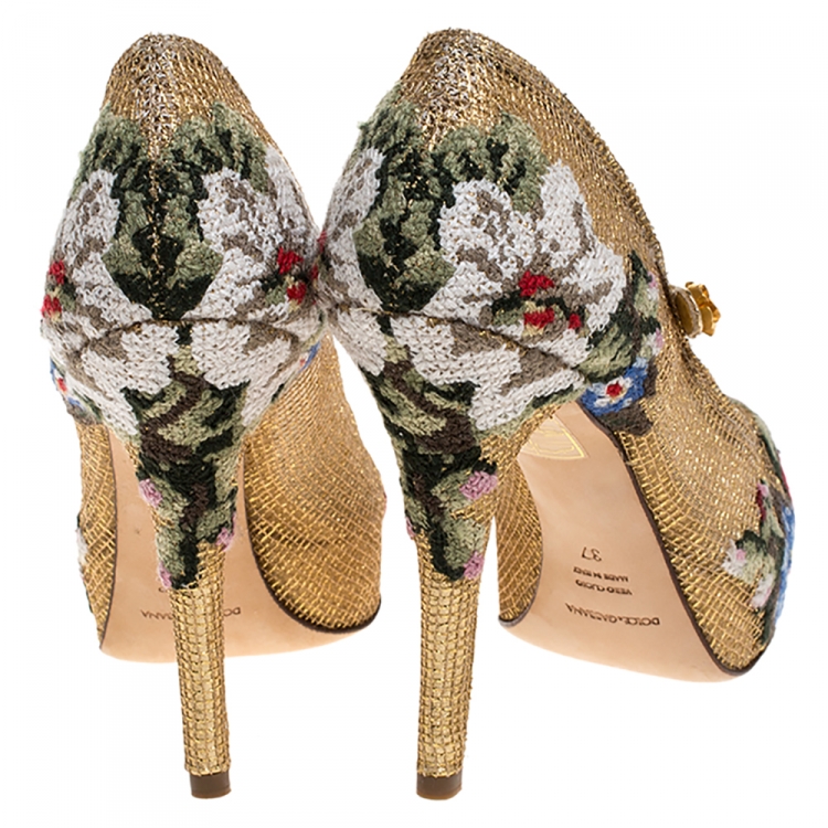 Pre Owned Dolce & Gabbana Gold Leather And Mesh Cross-stitched Rose Mary Jane Pumps Size 37
