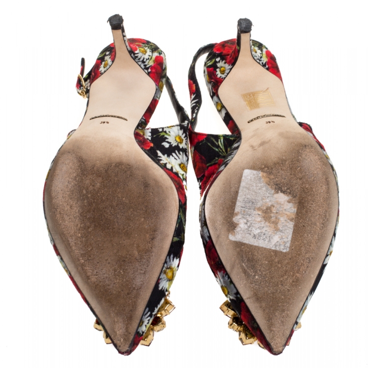 Pre Owned Dolce & Gabbana Multicolor Brocade Floral Fabric Crystal Embellished Slingback Sandals Size 39.5