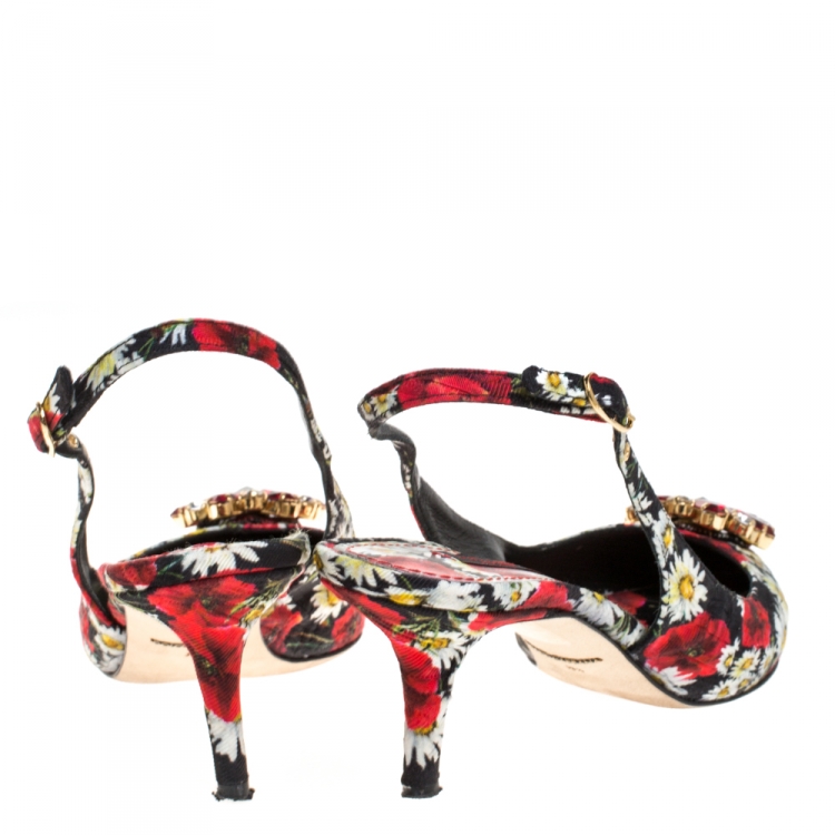 Pre Owned Dolce & Gabbana Multicolor Brocade Floral Fabric Crystal Embellished Slingback Sandals Size 39.5